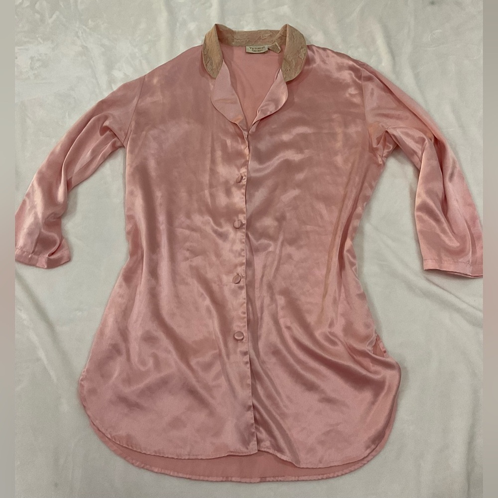 Vintage Victoria's Secret Pink Satin Robe with Gold Collar